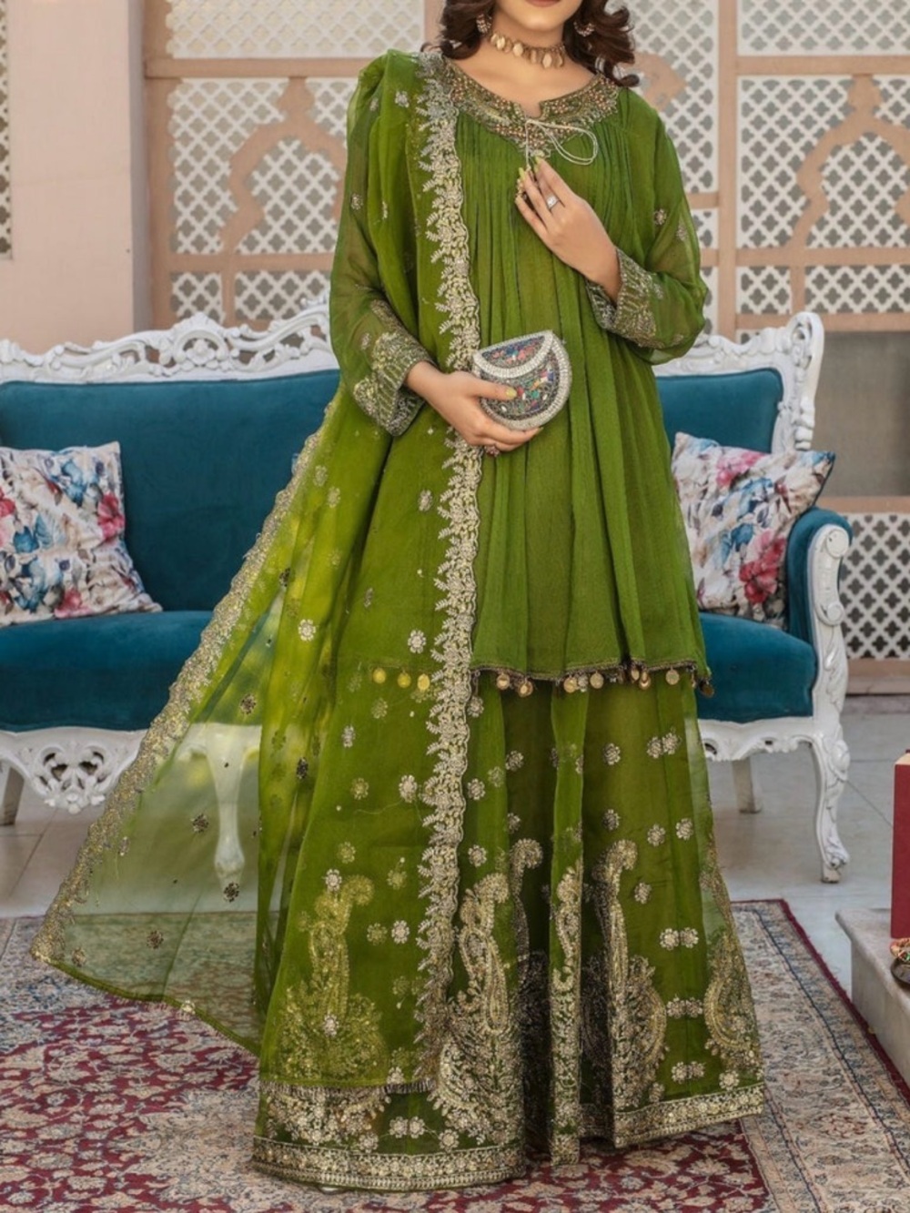 Embroidered Olive Green Traditional Lehenga Set